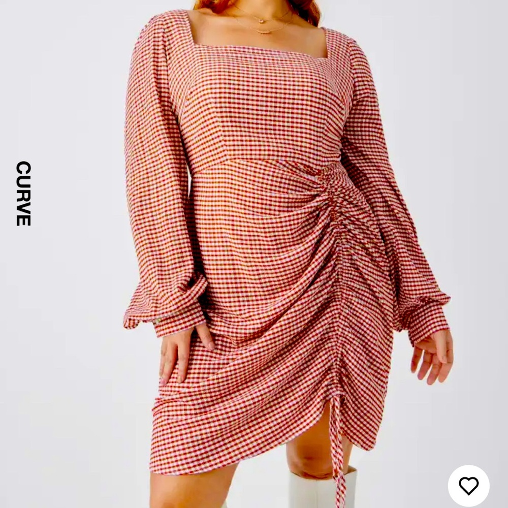 Gingham SQUARE NECK CHECK DRAWSTRING LONG SLEEVE MINI DRESS CURVE & PLUS NWOT